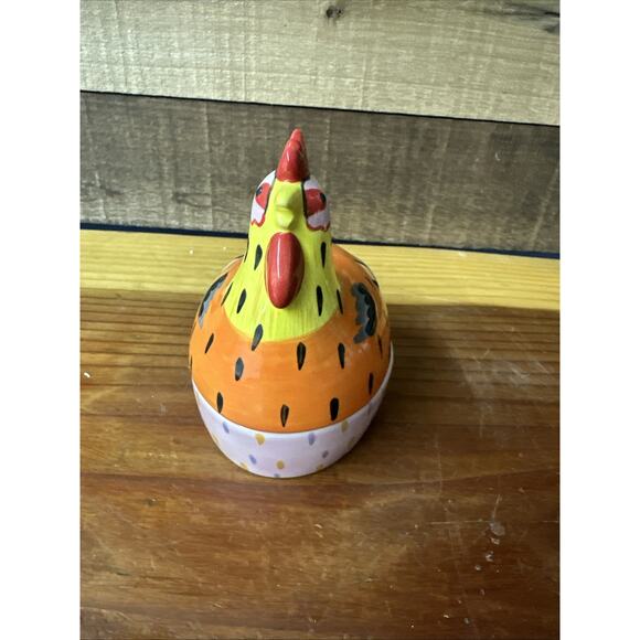Pfaltzgraff Pistoulet Sitting Chicken Jane Kotlpen trinket box orange blue 5.5" - Picture 2 of 7